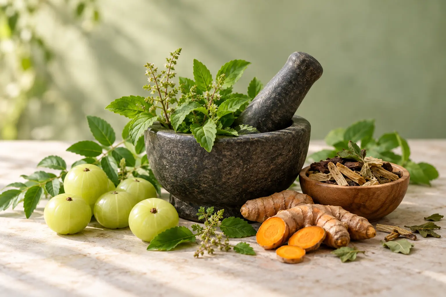 Tulsi leaves, amla fruits and turmeric roots arranged around a stone mortar and pestle