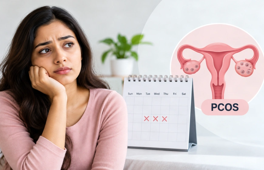 PCOS and no period for 3 months, with a woman, calendar showing missed periods, and uterus illustration